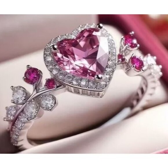 Heart Cut Pink Tourmaline Engagement Wedding Ring Set in Titanium - Picture 2 of 2